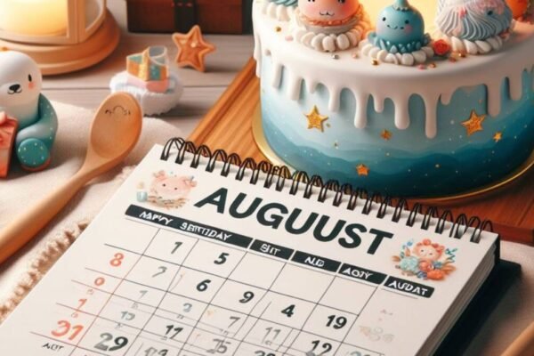 August birthday showing a calendar and birthday cake