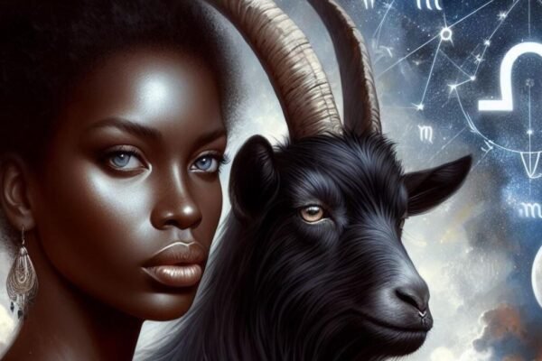 A Capricorn zodiac sign showing a woman next to a goat