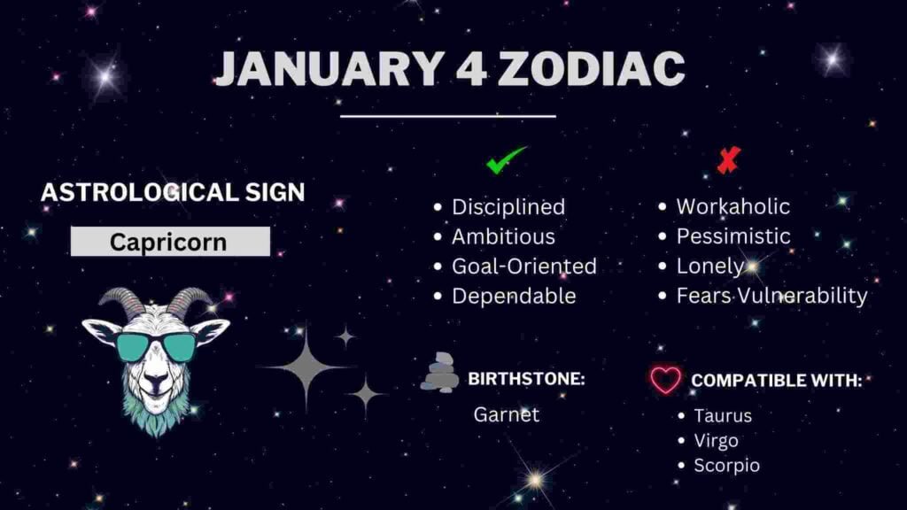 January 4 zodiac sign showing the personality traits, compatibility, symbol, and birthstone
